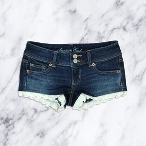 NWOT AE Dark Wash Jean Shorts White Floral Trim